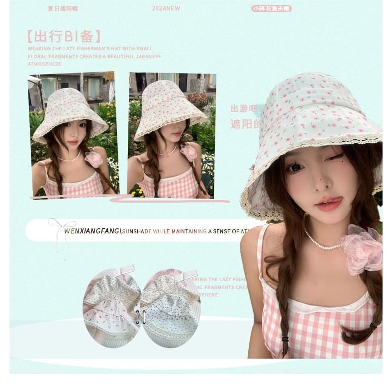 Print Lace Trim Bucket Hat