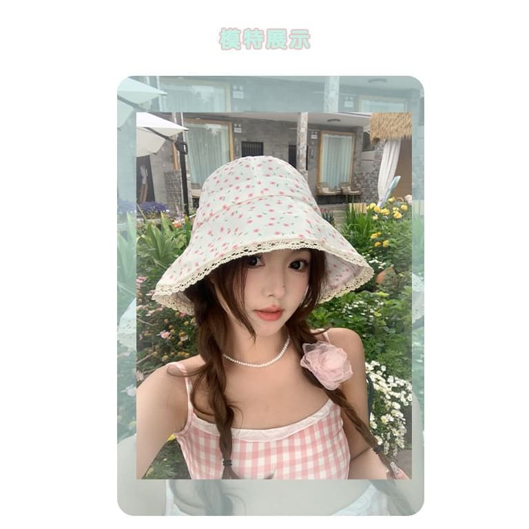 Print Lace Trim Bucket Hat