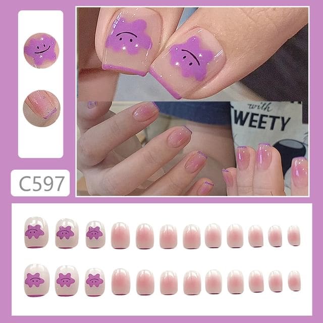 Print Press On Nail - C597 - Glue - Purple / One Size