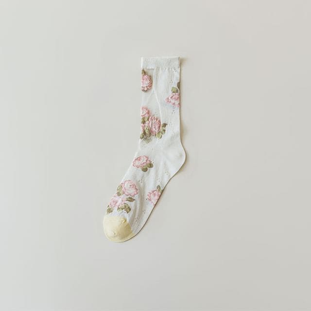 Print Sheer Socks - All Over Rose Printed - White / One Size