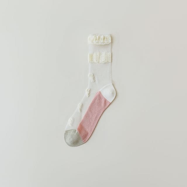 Print Sheer Socks - Bow - White & Pink / One Size