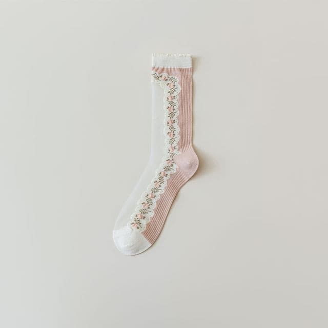 Print Sheer Socks - Floral Trim & Stripes - Pink / One Size