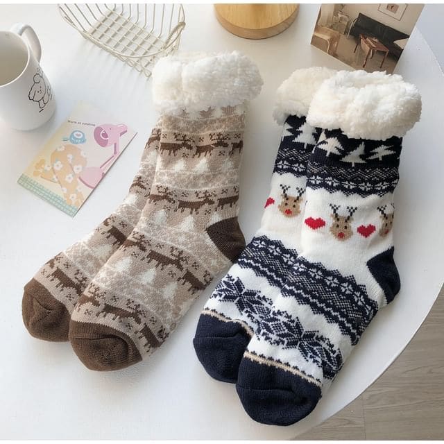 Printed Fleece-Lined Socks / Set - 1 Pair - Deer - Coffee