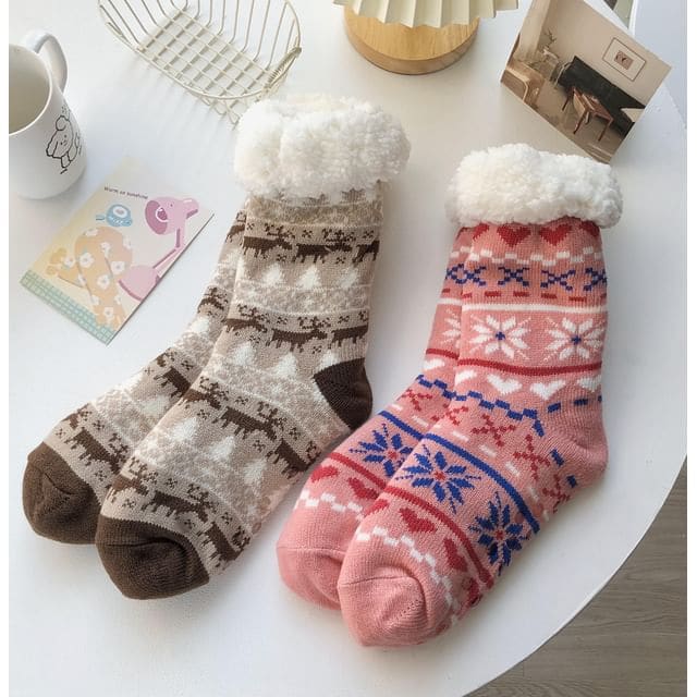 Printed Fleece-Lined Socks / Set - 1 Pair - Deer - Coffee