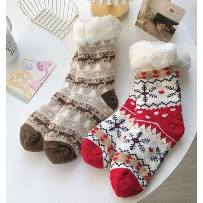 Printed Fleece-Lined Socks / Set - 1 Pair - Deer - Coffee