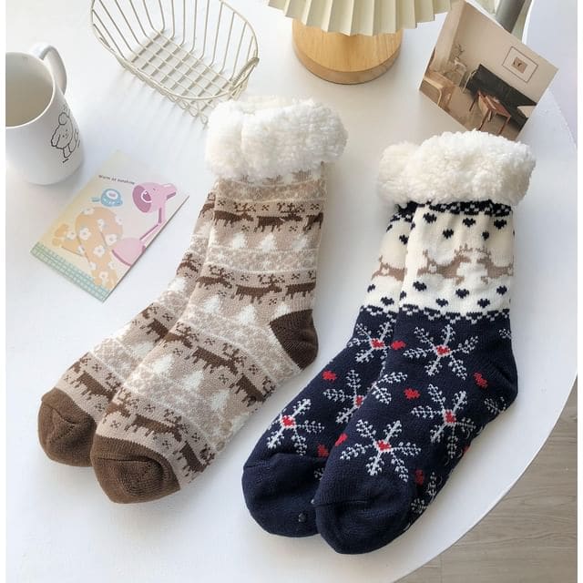 Printed Fleece-Lined Socks / Set - 1 Pair - Deer - Coffee