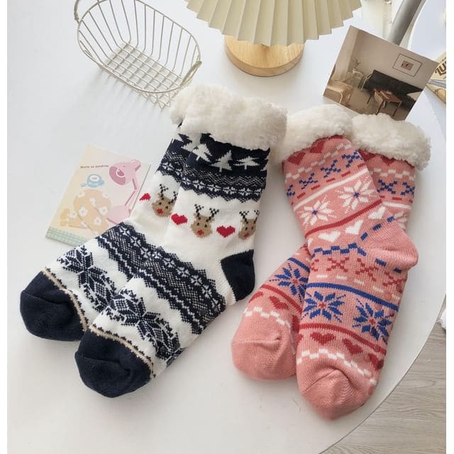 Printed Fleece-Lined Socks / Set - 1 Pair - Heart & Deer