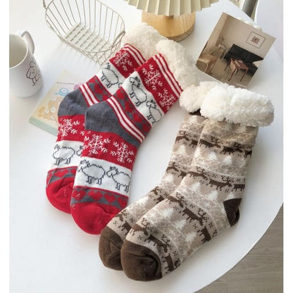 Printed Fleece-Lined Socks / Set - 1 Pair - Sheep - Red