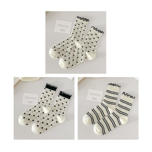 Printed Lettuce Edge Socks / Set - Set of 3 Pairs - Heart &