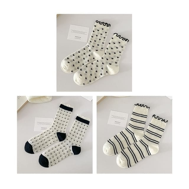 Printed Lettuce Edge Socks / Set - Set of 3 Pairs - Heart &