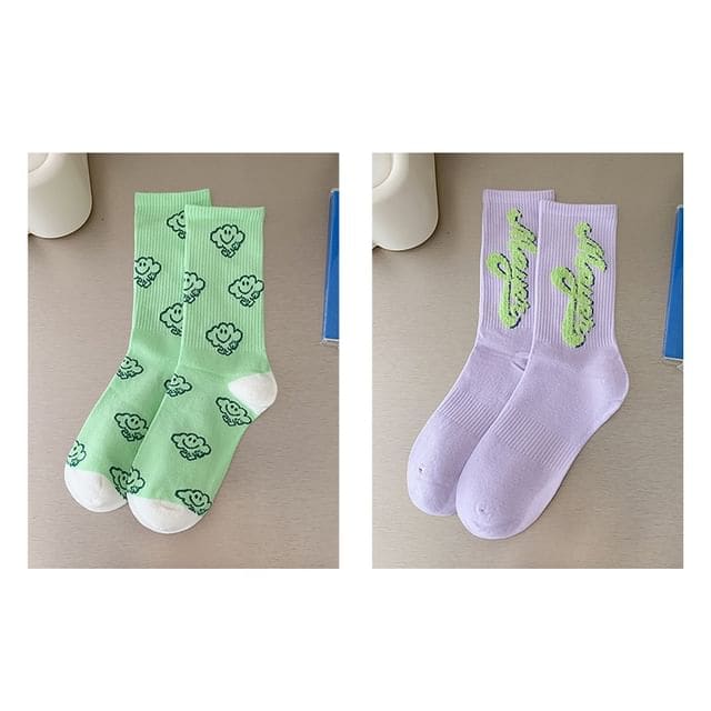 Printed Ribbed Socks / Set - Set Of 2 Pairs - Cloud &