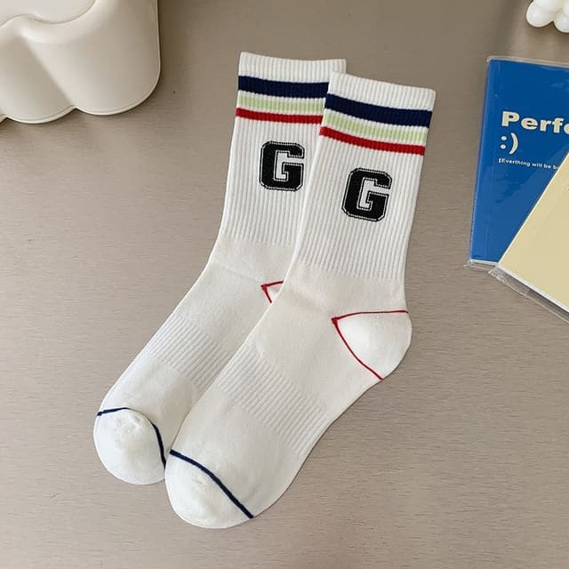 Printed Ribbed Socks / Set - Set Of 2 Pairs - G - White