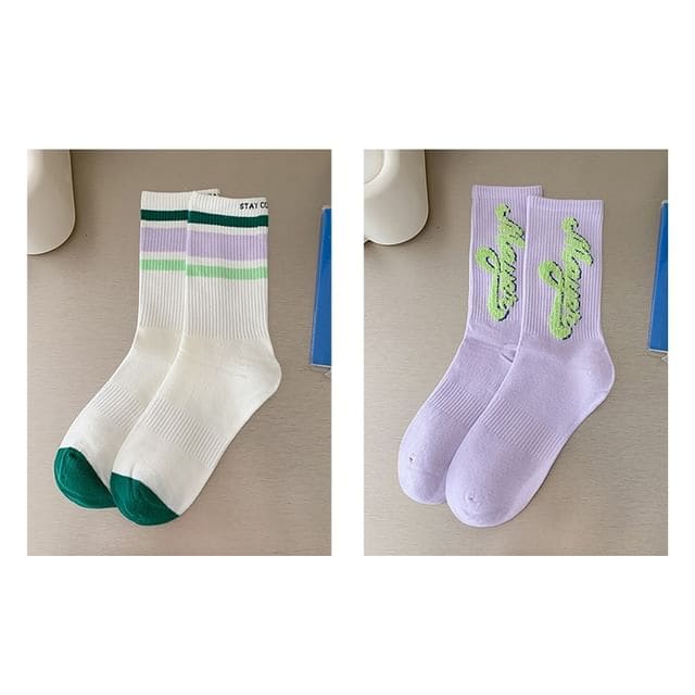 Printed Ribbed Socks / Set - Set Of 2 Pairs - Horizontal