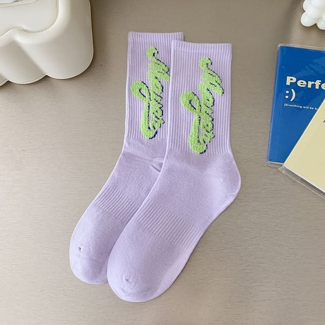 Printed Ribbed Socks / Set - Set Of 2 Pairs - Lettering