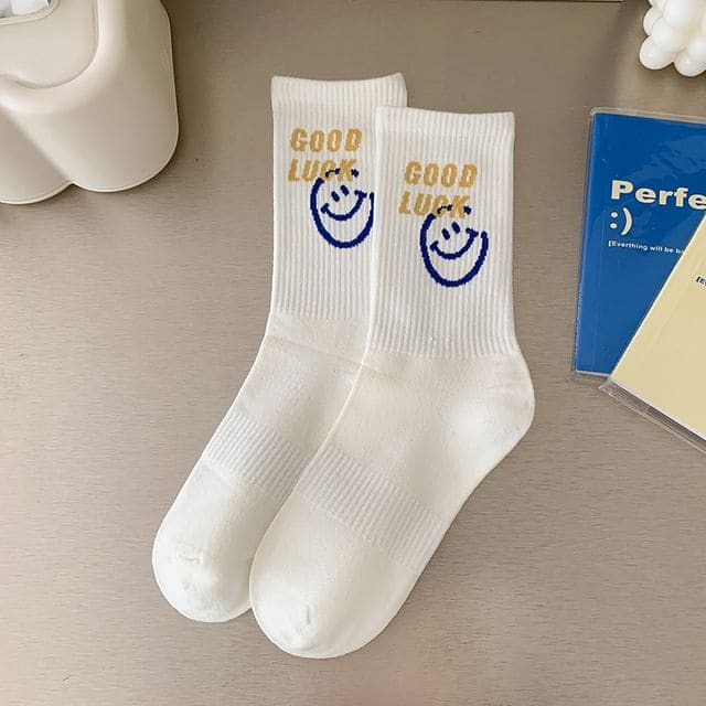 Printed Ribbed Socks / Set - Set Of 2 Pairs - Smiley Face