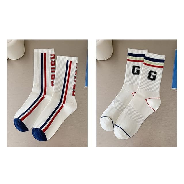 Printed Ribbed Socks / Set - Set Of 2 Pairs - Vertical