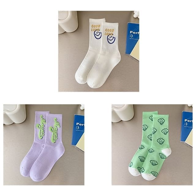 Printed Ribbed Socks / Set - Set Of 3 Pairs - Smiley Face &