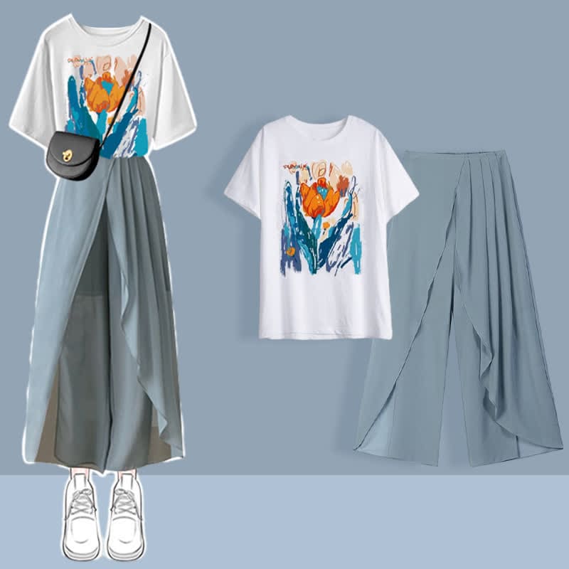 Printed T-Shirt Chiffon Pleated Split Pants Set - Blue A / M