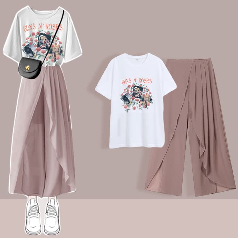 Printed T-Shirt Chiffon Pleated Split Pants Set - Pink B / M