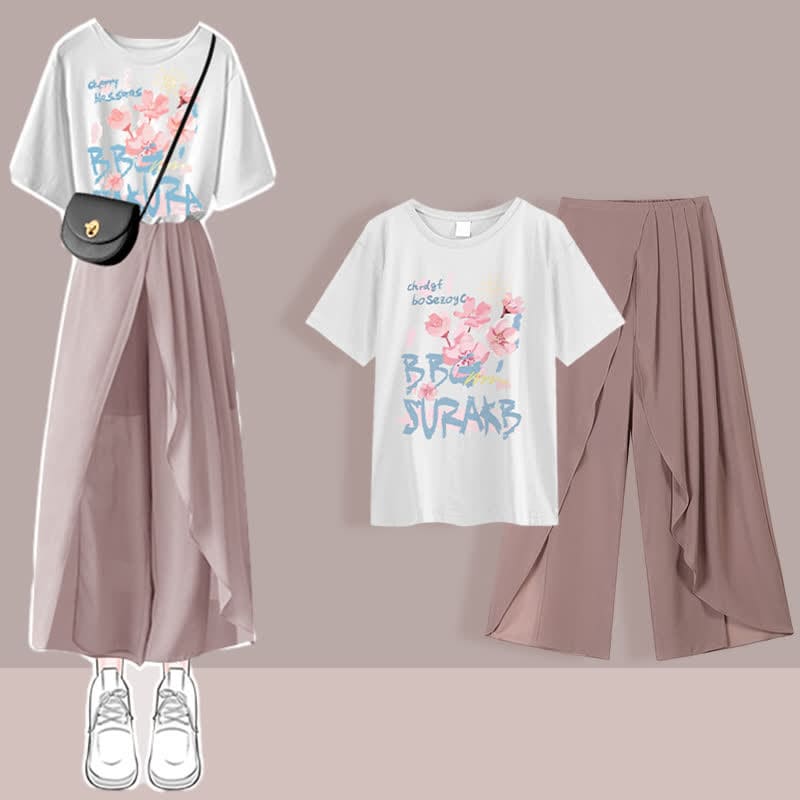 Printed T-Shirt Chiffon Pleated Split Pants Set - Pink C / M