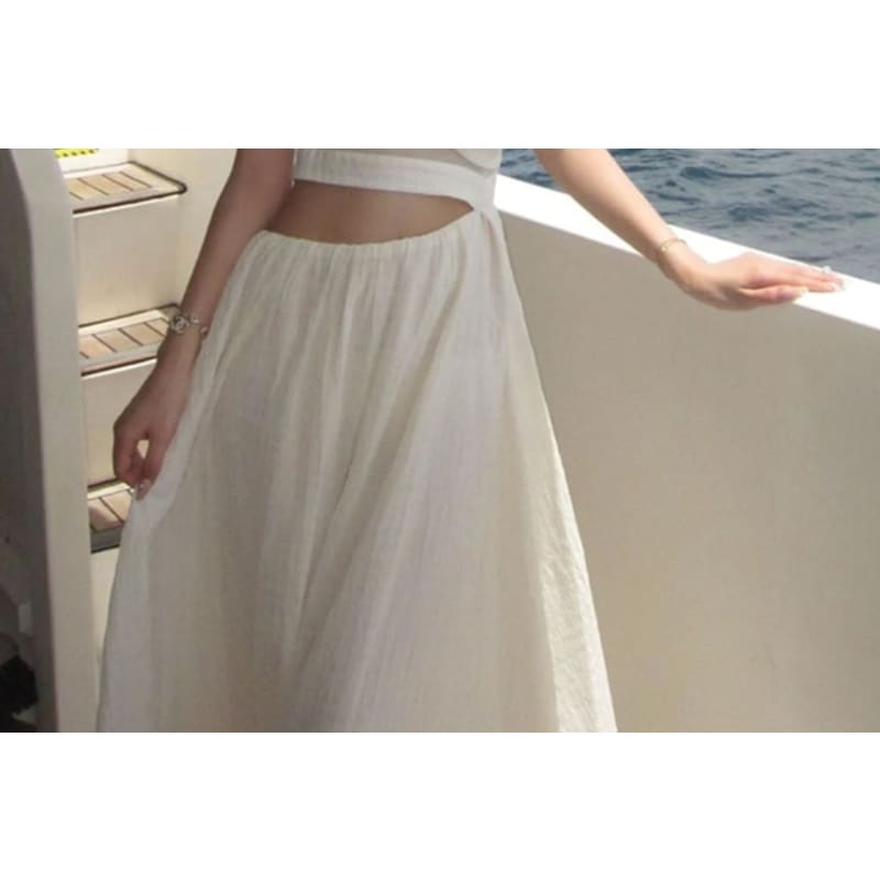 Puff-Sleeve Asymmetrical Plain Bow Cutout Midi Sundress