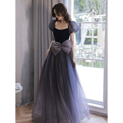 Puff-Sleeve Bow Glitter Mesh A-Line Evening Gown