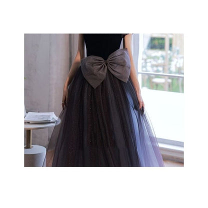 Puff-Sleeve Bow Glitter Mesh A-Line Evening Gown