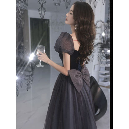 Puff-Sleeve Bow Glitter Mesh A-Line Evening Gown