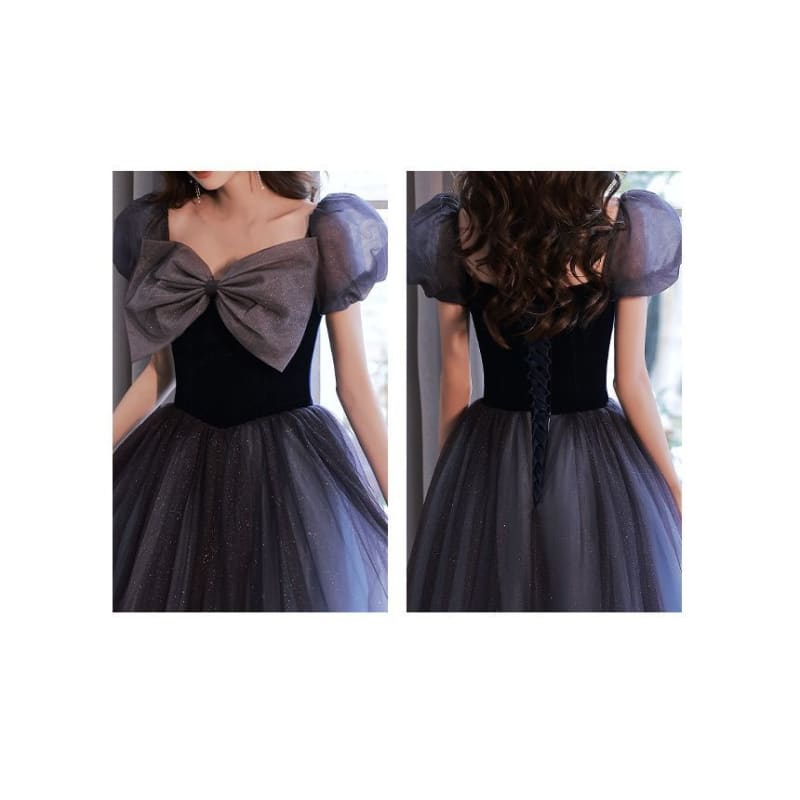 Puff-Sleeve Bow Glitter Mesh A-Line Evening Gown