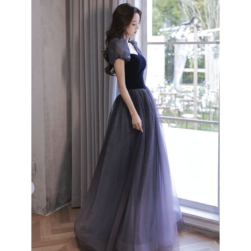 Puff-Sleeve Bow Glitter Mesh A-Line Evening Gown