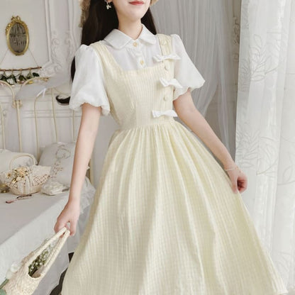 Puff Sleeve Collared Bow Mock Two Piece Midi A-Line Dress