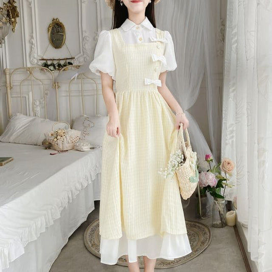 Puff Sleeve Collared Bow Mock Two Piece Midi A-Line Dress