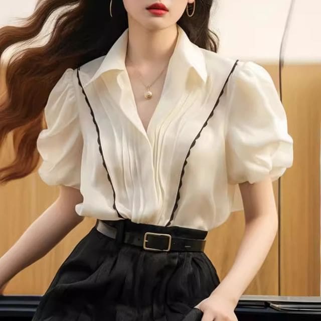 Puff-Sleeve Contrast Trim Blouse - Off-White / M