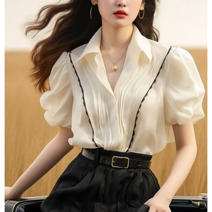 Puff-Sleeve Contrast Trim Blouse - Off-White / M