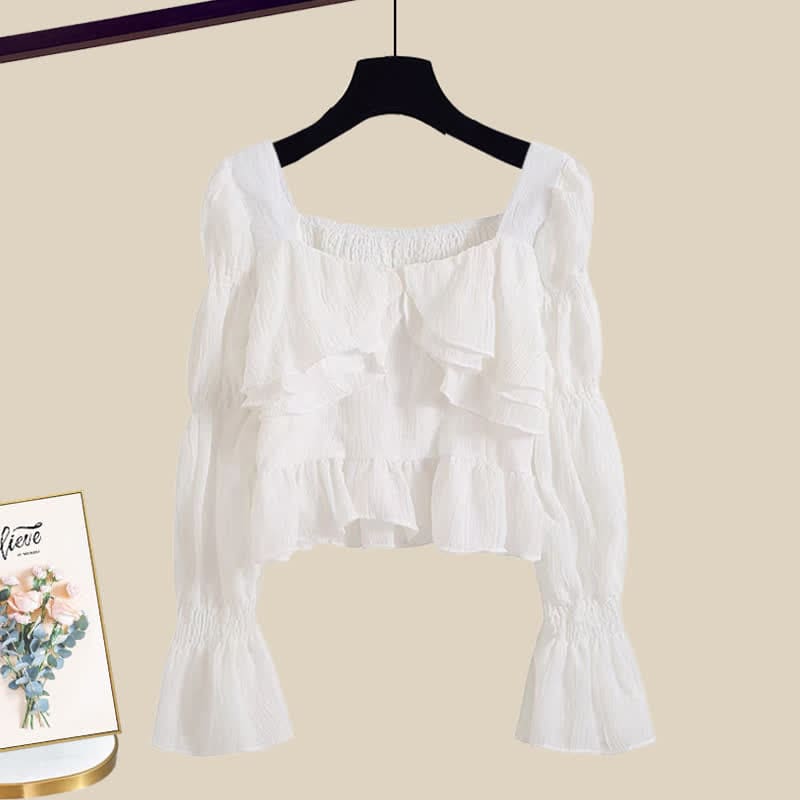 Puff Sleeve Crop Shirt Pocketed Loose Cargo Pants - Shirt