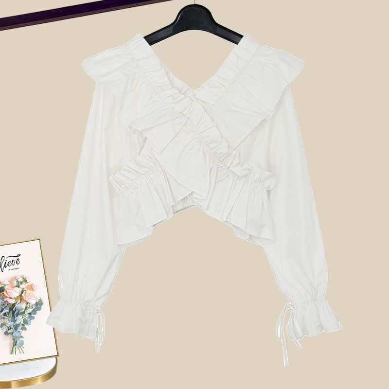 Puff Sleeve Crop Shirt Pocketed Loose Cargo Pants - Shirt B