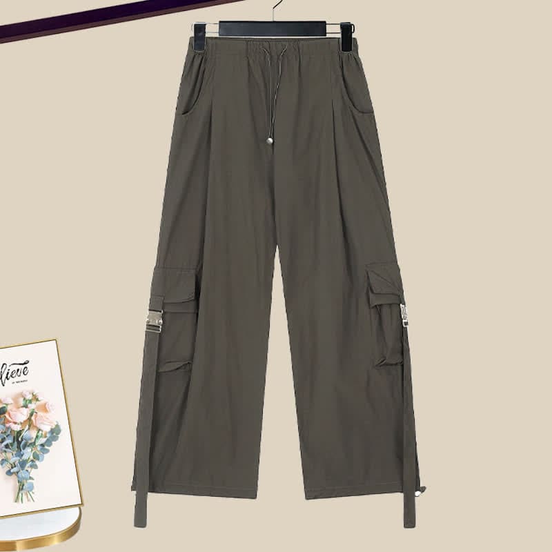 Puff Sleeve Crop Shirt Pocketed Loose Cargo Pants - Grey