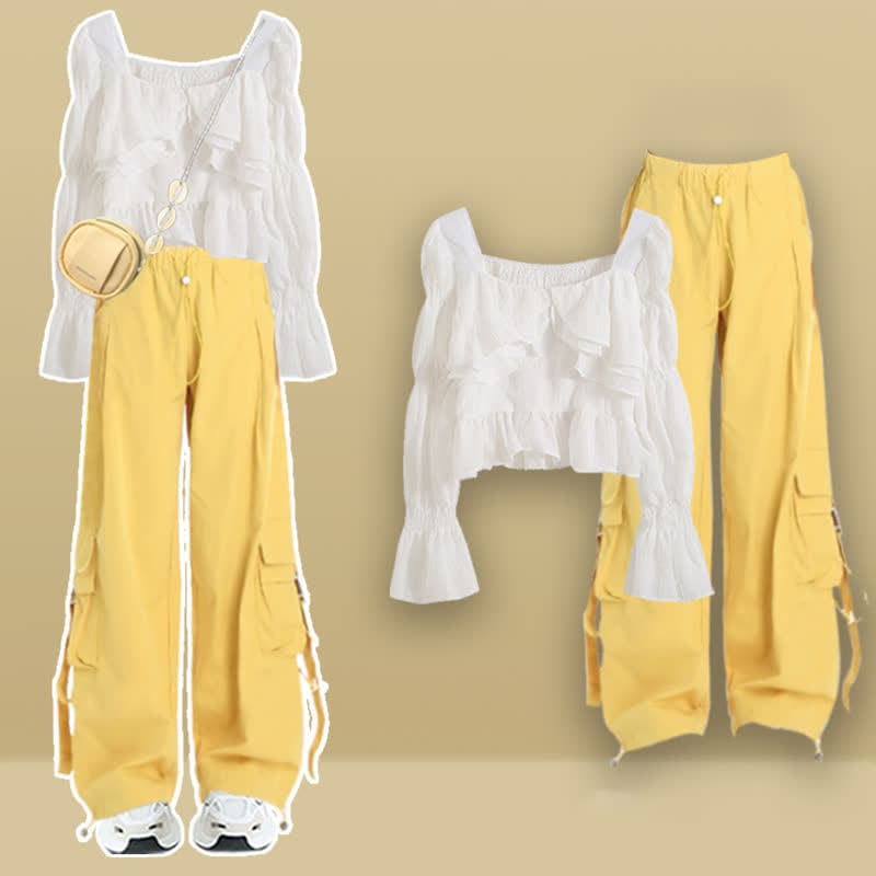 Puff Sleeve Crop Shirt Pocketed Loose Cargo Pants - Set