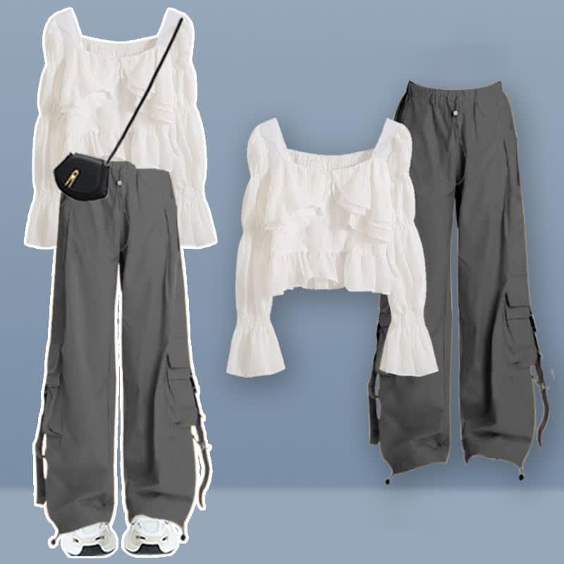 Puff Sleeve Crop Shirt Pocketed Loose Cargo Pants - Set B