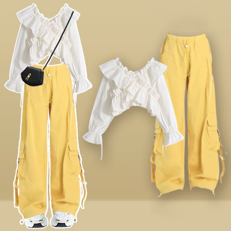 Puff Sleeve Crop Shirt Pocketed Loose Cargo Pants - Set C