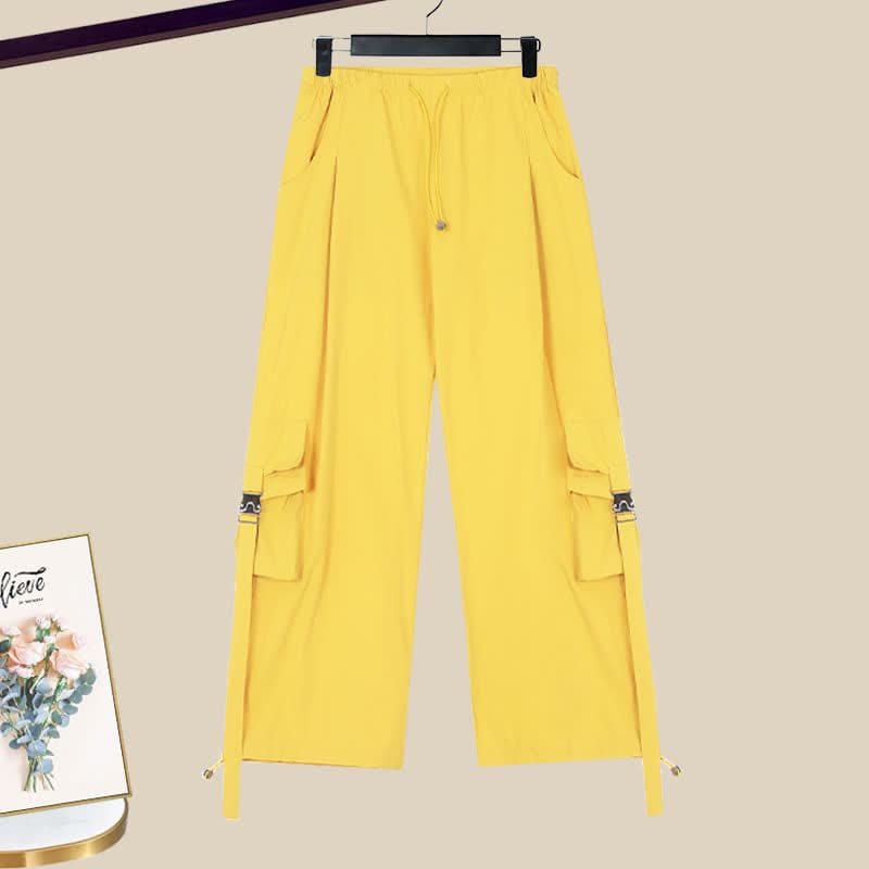 Puff Sleeve Crop Shirt Pocketed Loose Cargo Pants - Yellow
