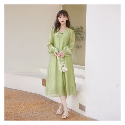 Puff-Sleeve Floral Embroidered Frog Buttoned Ruffled Midi