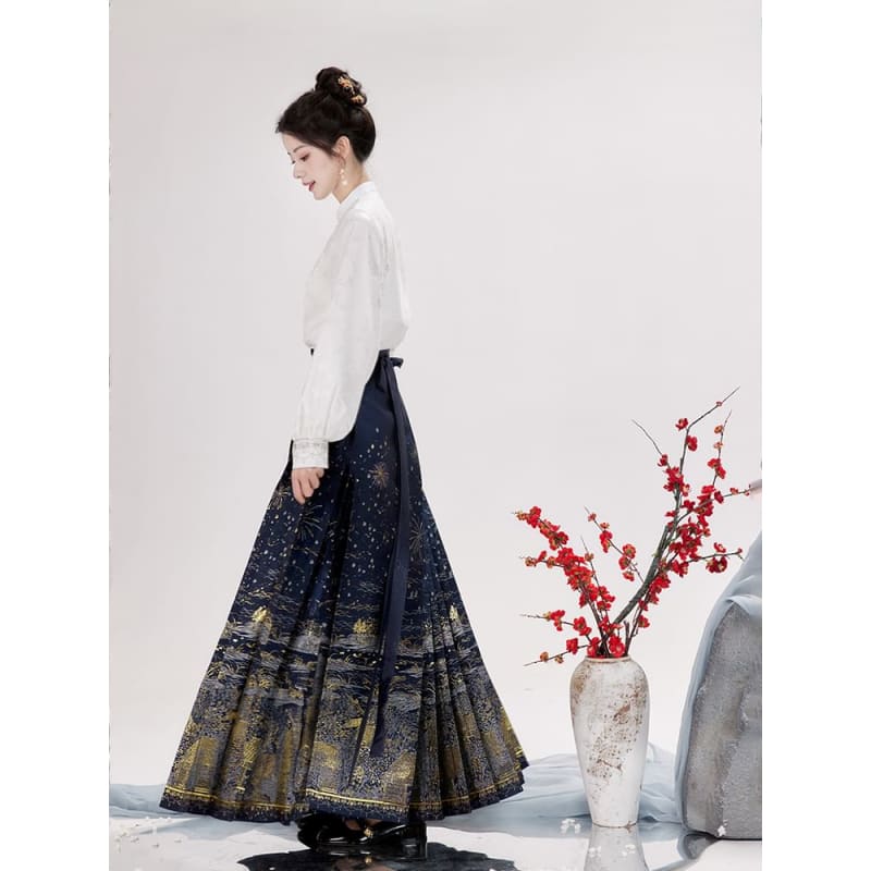 Puff-Sleeve Floral Jacquard Hanfu Top / High Waist Printed