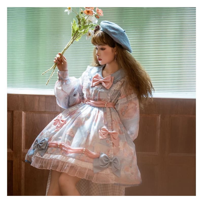 Puff-Sleeve Floral Print Bow Lolita Dress (Various Designs)