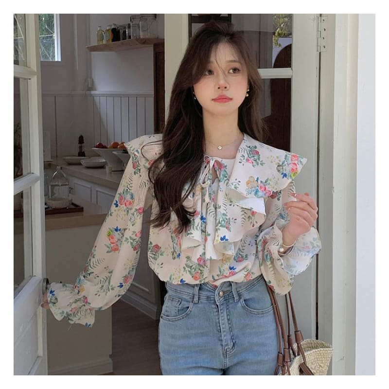 Puff-Sleeve Floral Print Ruffled Drawstring Blouse