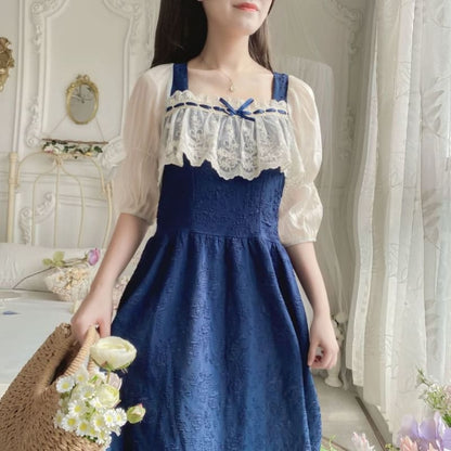 Puff-Sleeve Flower Embroidered Lace Trim Midi A-Line Dress