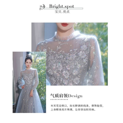 Puff-Sleeve Flower Embroidered Sequin A-Line Evening Gown