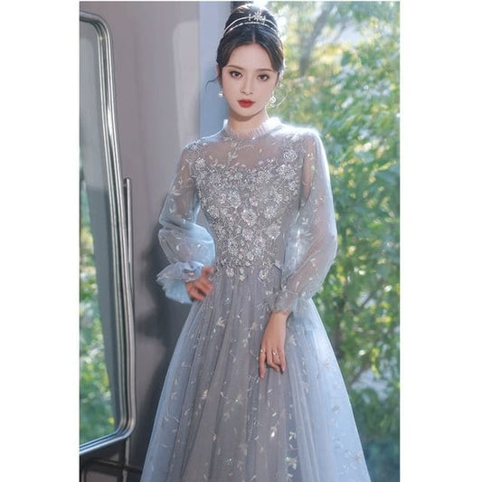 Puff-Sleeve Flower Embroidered Sequin A-Line Evening Gown