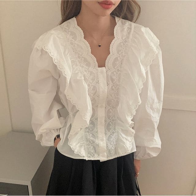 Puff-Sleeve Frill Trim Plain Blouse