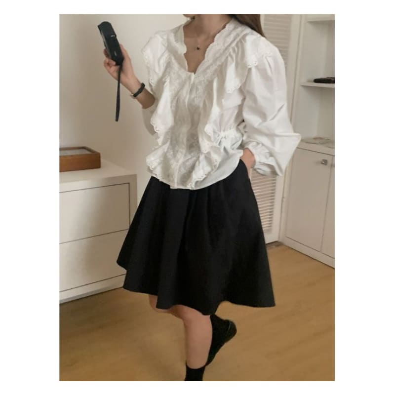 Puff-Sleeve Frill Trim Plain Blouse